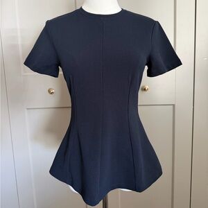 H&M Navy Peplum Top XS Fitted Short Sleeve Work Blouse Minimal Chic